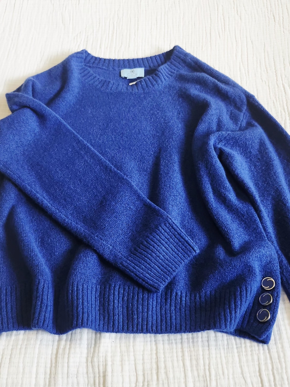 CeCe Royal Blue Crewneck Sweater with Hem Ring Details